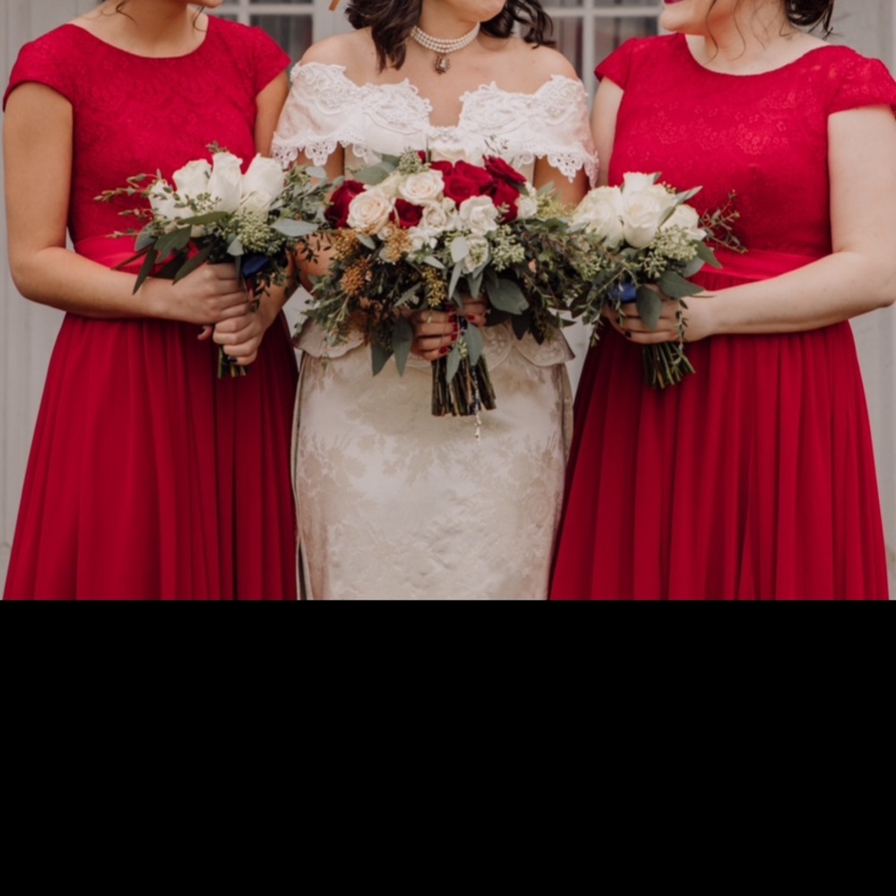 Azazie Red Off-Shoulder Lace Bridesmaid Dress